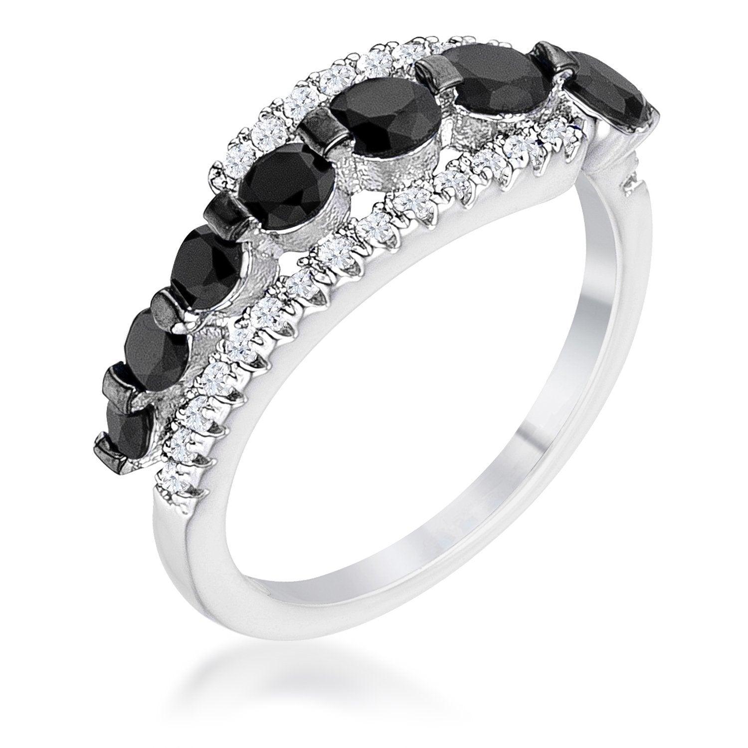 1.06Ct Rhodium &amp; Hematite Plated Graduated Black &amp; Clear CZ Half Eternity Ring Size 5