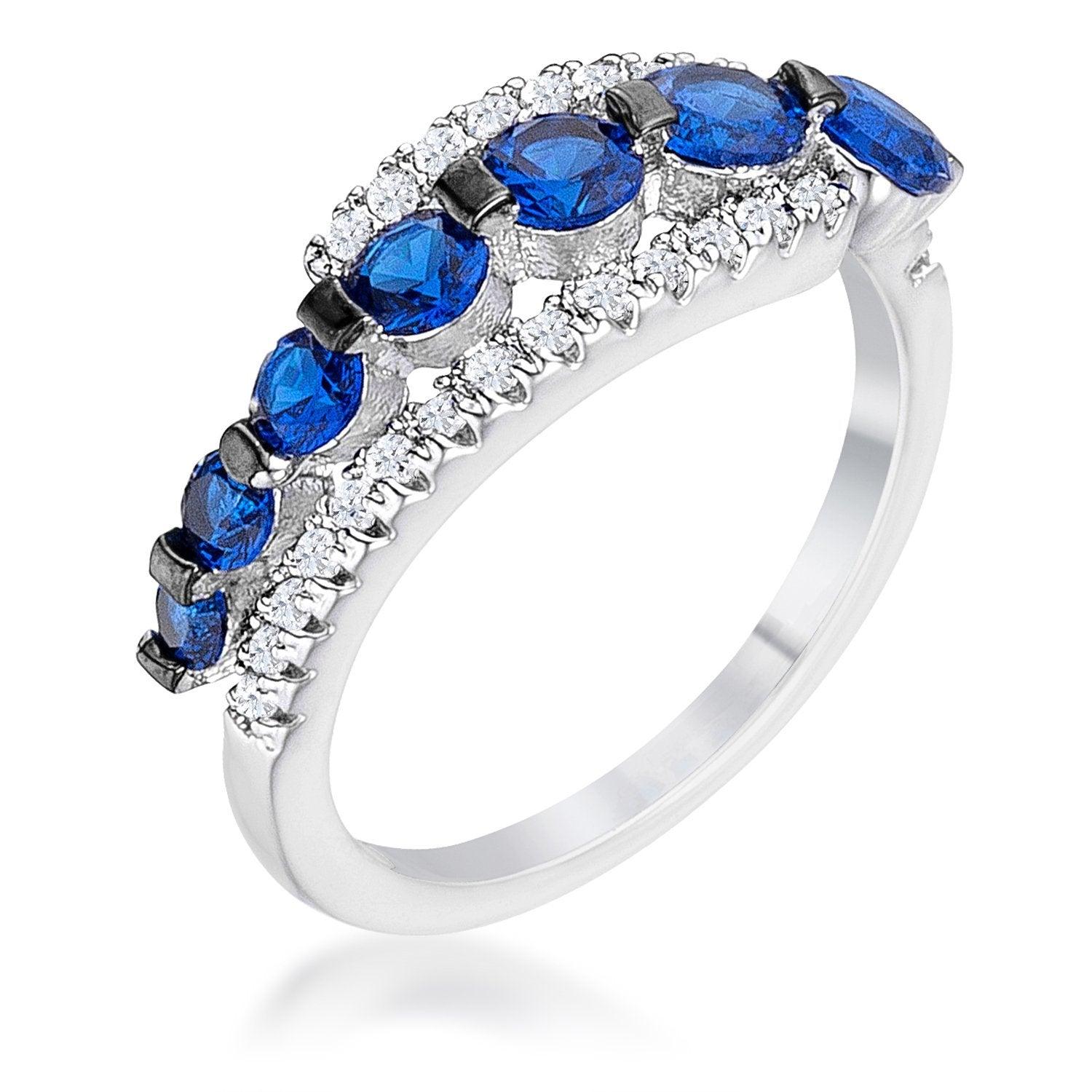 Rhodium &amp; Hematite Plated Graduated Blue &amp; Clear CZ Half Eternity Ring