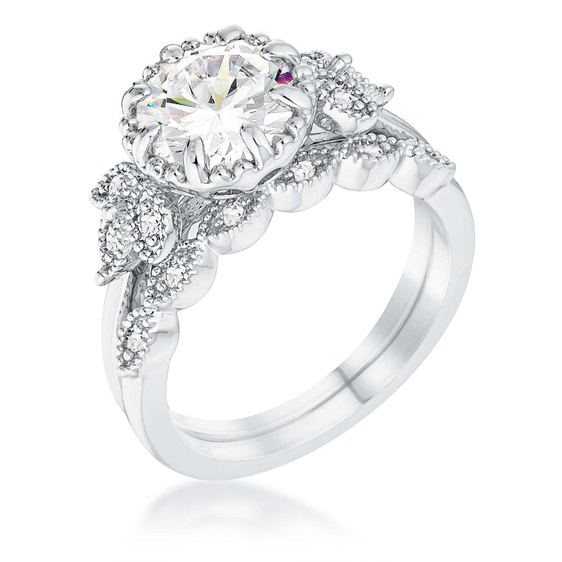 2.25Ct Rhodium Plated Round Cut CZ Trio Laurel Leaf Engagement Set Size 5