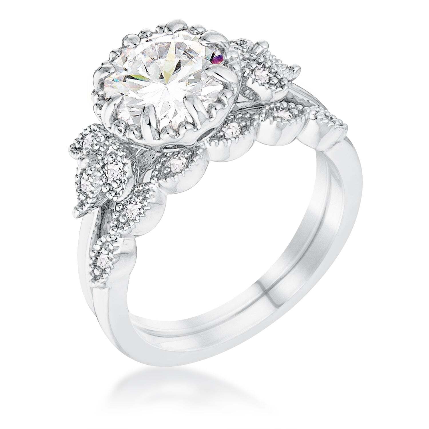 2.25Ct Rhodium Plated Round Cut CZ Trio Laurel Leaf Engagement Set Size 5
