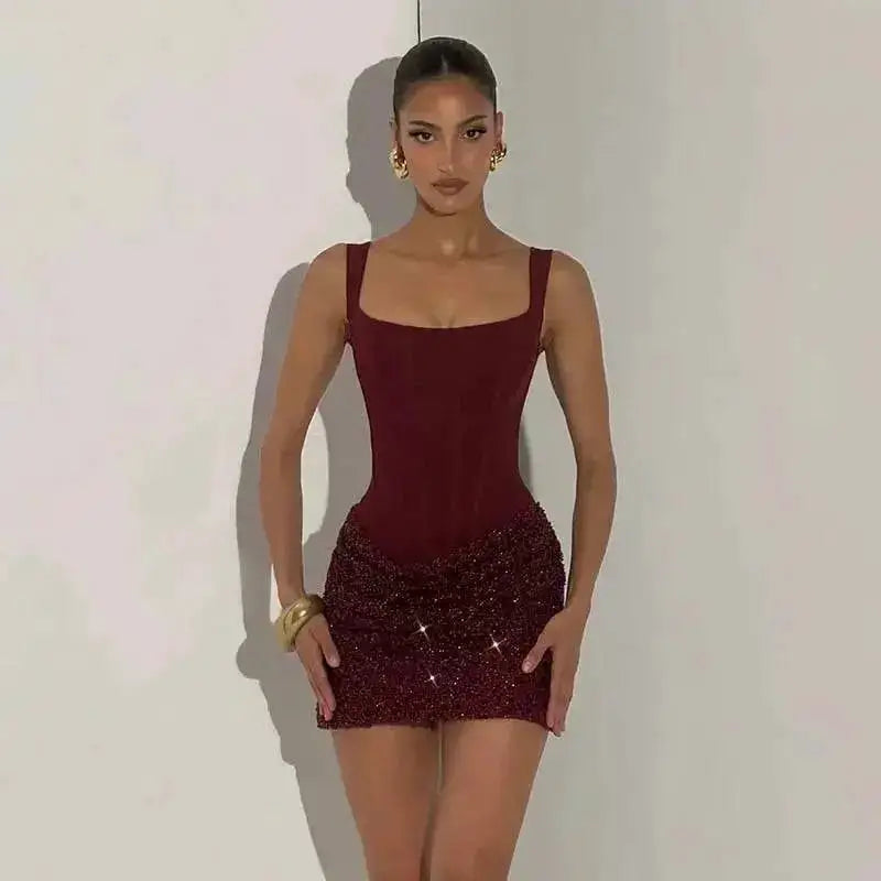 Townlike Pleated Slim Bodycon Dress Women Spaghetti Strap Mini 2026 Summer Dress Sequin Evening Nightclub Sexy Party Dresses by Dropshipman
