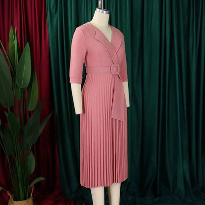 Elegant Office Ladies Dresses 2024 Autumn Fall Notched Collar Half Sleeve Belt Waisted Mid Calf Female Birthday Party Dress Midi by Dropshipman