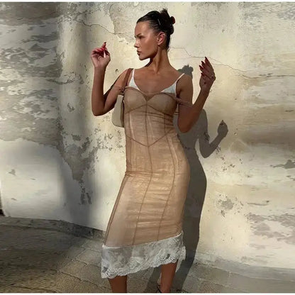 Mesh Overlay Lace Hem Slip Midi Dress Slim Spaghetti Strap Sheer 2026 Summer Elegant Women Bodycon Dress Retro Date Lady Gown by Dropshipman