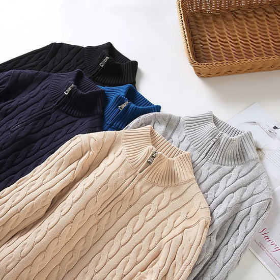 Herren Strickpullover aus reiner Baumwolle, hochwertiger Zopfmuster-Weihnachtspullover mit Reißverschluss, Rollkragenpullover, Reißverschlussschieber, Herren