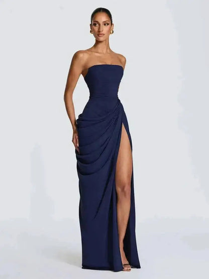 Elegant Solid Strapless Pleated Dress Women Chic Sleeveless Waist Cinching Split Maxi Vestidos 2026 Lady Evening Party Dresses by Dropshipman