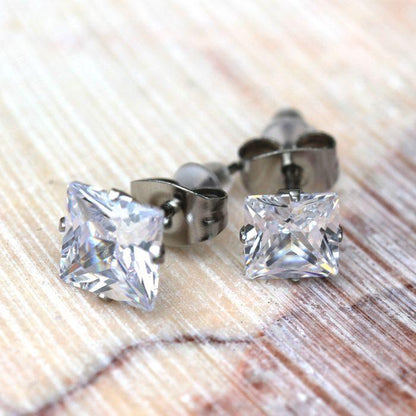 Pair of 316L Surgical Steel Clear Princess Cut CZ Stud Earrings