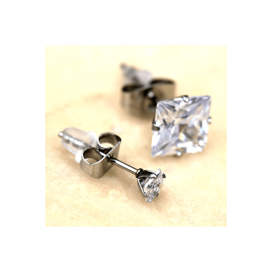 Pair of 316L Surgical Steel Clear Princess Cut CZ Stud Earrings