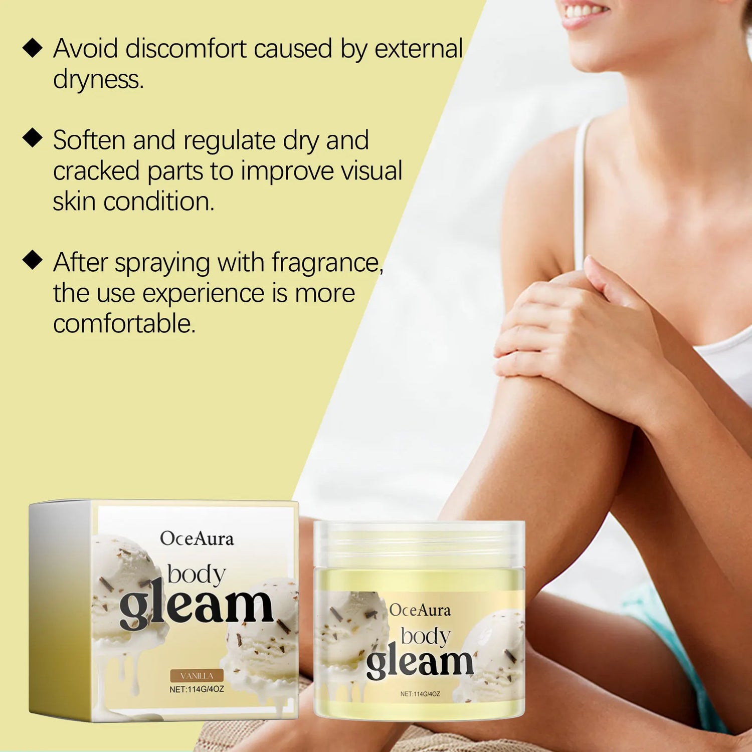 OceAura Body Moisturizing Cream Shea Butter Deep Hydration Soft Smooth Skin Barrier Repair Vanilla Peach Body Lightening Cream
