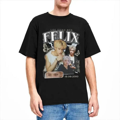 Men FELIX Korean Kpop Singer T Shirts Idol Cotton Clothing Summer Vintage Short Sleeve T-Shirt O Neck Harajuku Tshirt by Dropshipman