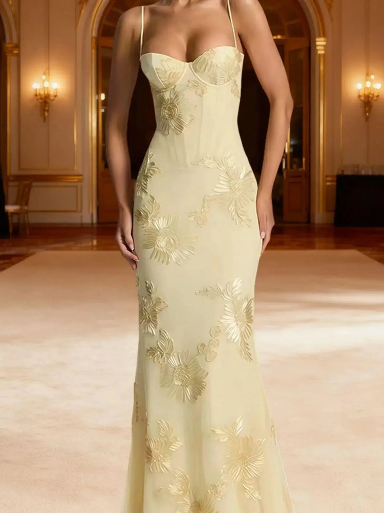 Elegant Women 3d Embroidery Floral Long Dress Women Backless Cross Tied Spaghetti Strap Robe Slim Floor Length Evening Dresses SHOPEZRA L.L.C.