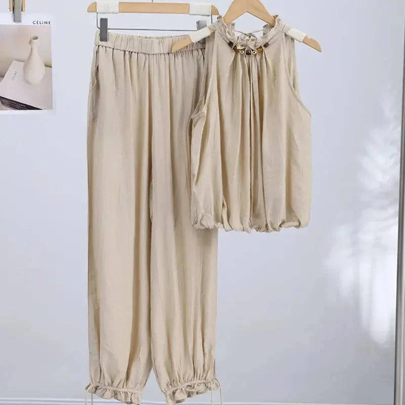 Beaded halter neck bubble top and high-waist wide-leg linen blend pants set, casual summer resort outfit by SHOPEZRA L.L.C.