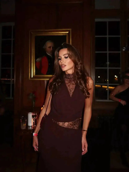 Women Lace Patchwork Sleeveless Pleated Dress Elegant Off-shoulder See Through Long Dresses 2026 Lady Evening Party Vestidos by Dropshipman