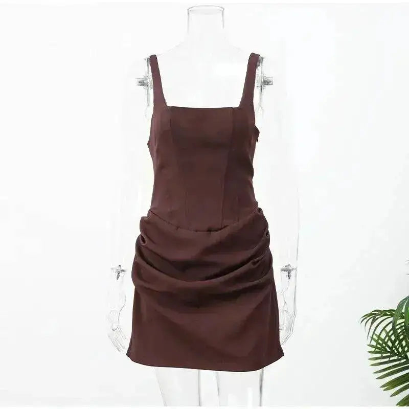 2026 New Sexy Women Square-neck Halter Mini Dress Pleated Sleeveless Backless High Waist Bodycon Dresses Summer Lady Party Robes by Dropshipman