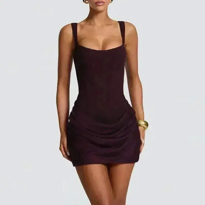 2026 New Sexy Women Square-neck Halter Mini Dress Pleated Sleeveless Backless High Waist Bodycon Dresses Summer Lady Party Robes by Dropshipman