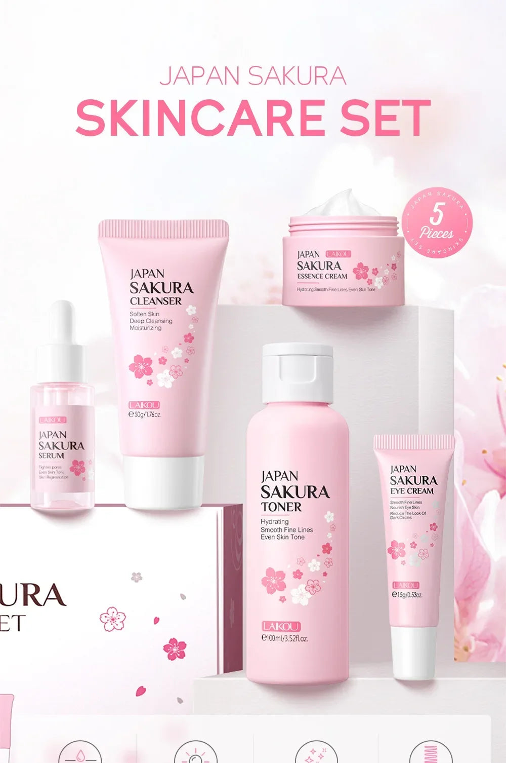 LAIKOU Sakura Kit Skin Care Sets Moisturizing and Reducing Fine Lines Cleansing Pore Product 5-Piece Korean Women&