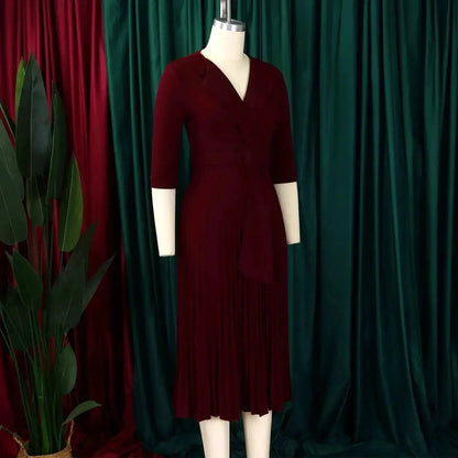 Elegant Office Ladies Dresses 2024 Autumn Fall Notched Collar Half Sleeve Belt Waisted Mid Calf Female Birthday Party Dress Midi by Dropshipman