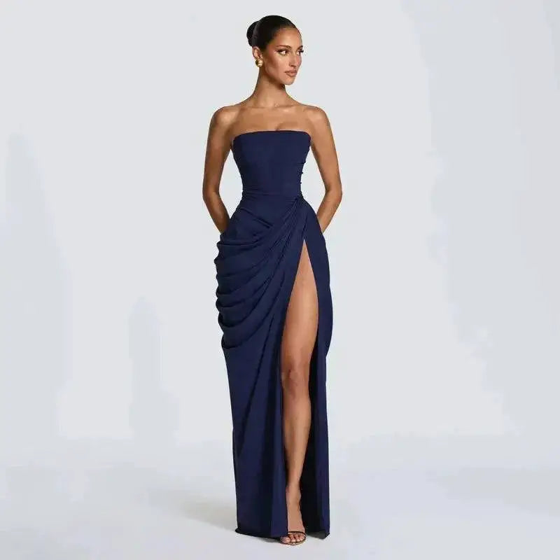Elegant Solid Strapless Pleated Dress Women Chic Sleeveless Waist Cinching Split Maxi Vestidos 2026 Lady Evening Party Dresses by Dropshipman