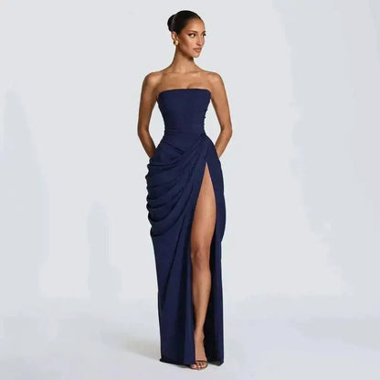 Elegant Solid Strapless Pleated Dress Women Chic Sleeveless Waist Cinching Split Maxi Vestidos 2026 Lady Evening Party Dresses by Dropshipman