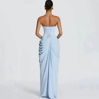 Elegant Solid Strapless Pleated Dress Women Chic Sleeveless Waist Cinching Split Maxi Vestidos 2026 Lady Evening Party Dresses by Dropshipman