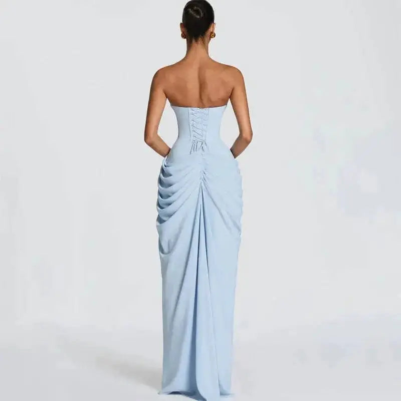Elegant Solid Strapless Pleated Dress Women Chic Sleeveless Waist Cinching Split Maxi Vestidos 2026 Lady Evening Party Dresses by Dropshipman
