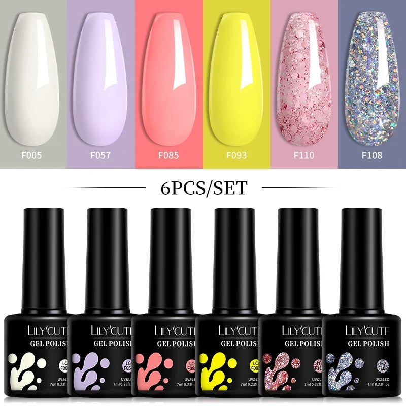 LILYCUTE 6Pcs 7ML Gel DIY Nails Polish Set Bright Pink Nail Charms Soak Off UV LED Gel Varnish Nail Art Design Accessories