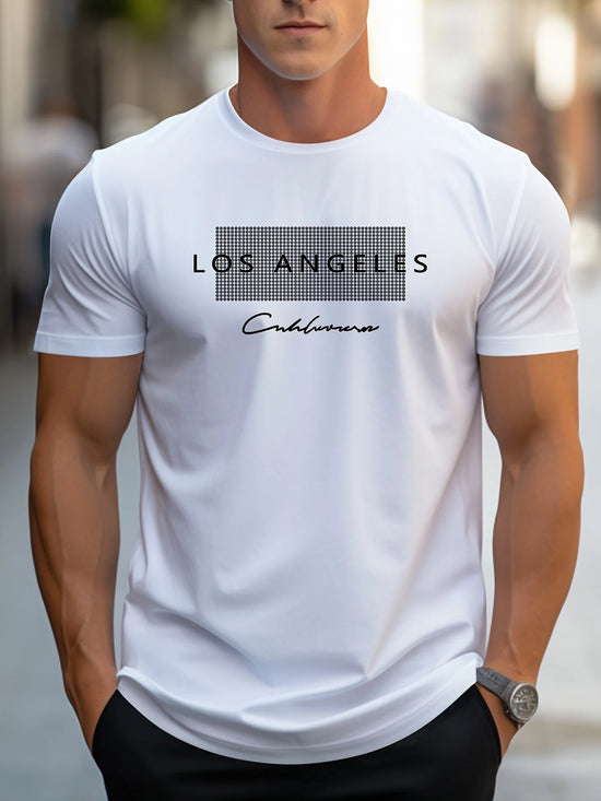 Herren, 100% Baumwolle, Sommer, locker geschnitten, mit großem Los Angeles Grafikdruck, schmal geschnitten, leger, sportlich, Rundhalsausschnitt, Kurzarm, T-Shirt-Oberteil