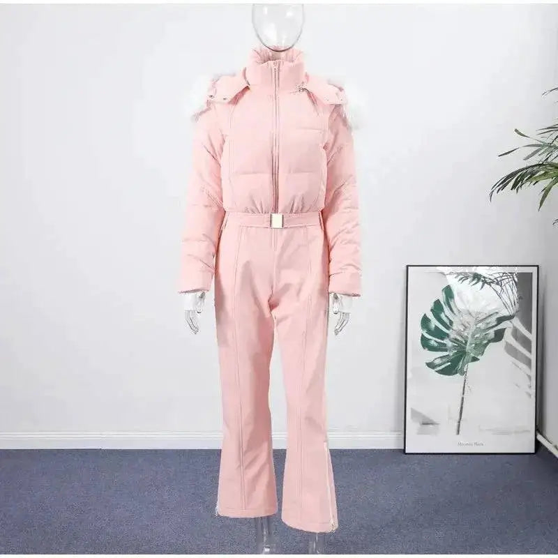 Women Fur Collar Hooded Skiwear Fashion Solid Thicken Zipper High Waist Slim Outdoor Overalls Jumpsuit Lady Winter Outwear by Dropshipman