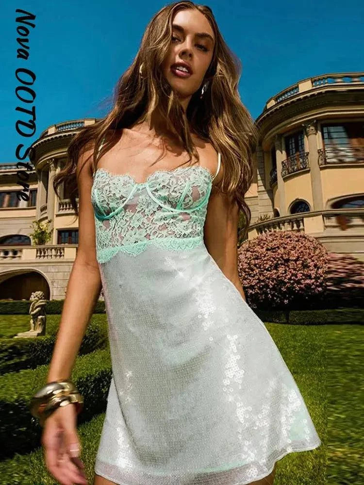 Beach sequin women's Y2K lace spliced see-through strap mini dress, perfect for summer vacations and casual parties.