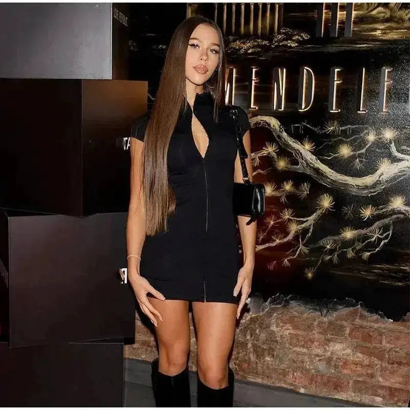 Y2k Black Hollow Out Slit Dress Women Solid Short Sleeve High Neck Slim Fit Maxi Dresses Lady Fashion Evening Party Club Robe by Dropshipman