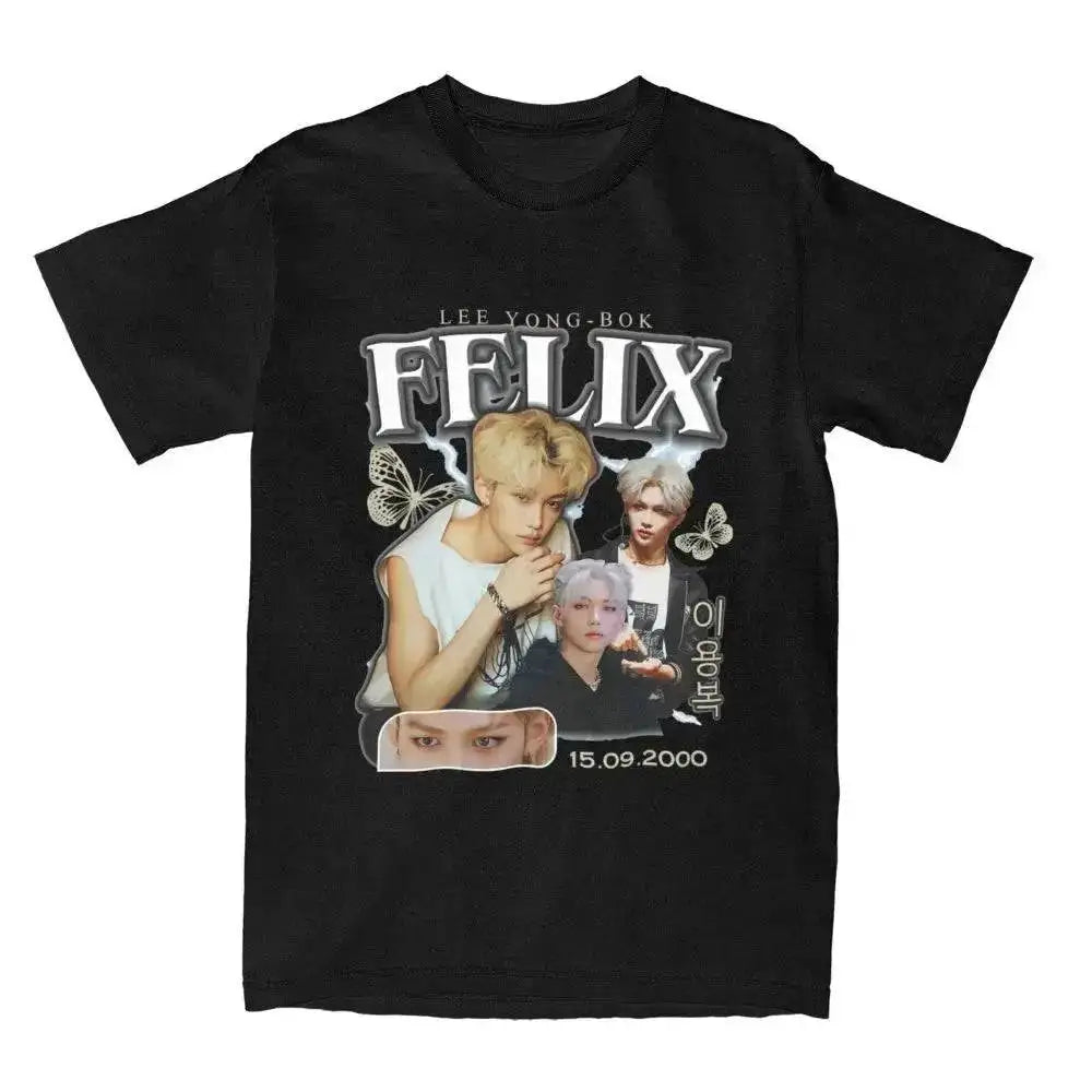 Men FELIX Korean Kpop Singer T Shirts Idol Cotton Clothing Summer Vintage Short Sleeve T-Shirt O Neck Harajuku Tshirt by Dropshipman