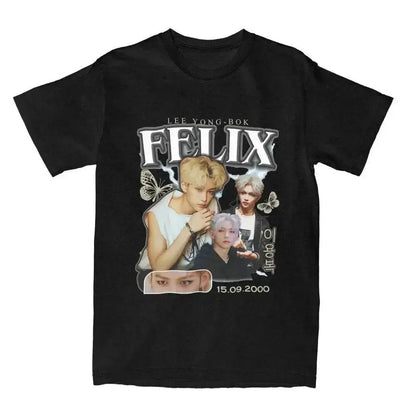 Men FELIX Korean Kpop Singer T Shirts Idol Cotton Clothing Summer Vintage Short Sleeve T-Shirt O Neck Harajuku Tshirt by Dropshipman