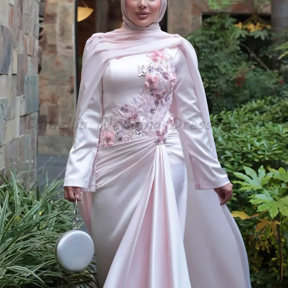 Muslim Evening Dress Long Sleeve 3D Floral Beaded Bodice Draped Waist With Matching Cape Modest Islamic Wedding Guest Gown SHOPEZRA L.L.C.