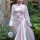 Muslim Evening Dress Long Sleeve 3D Floral Beaded Bodice Draped Waist With Matching Cape Modest Islamic Wedding Guest Gown SHOPEZRA L.L.C.