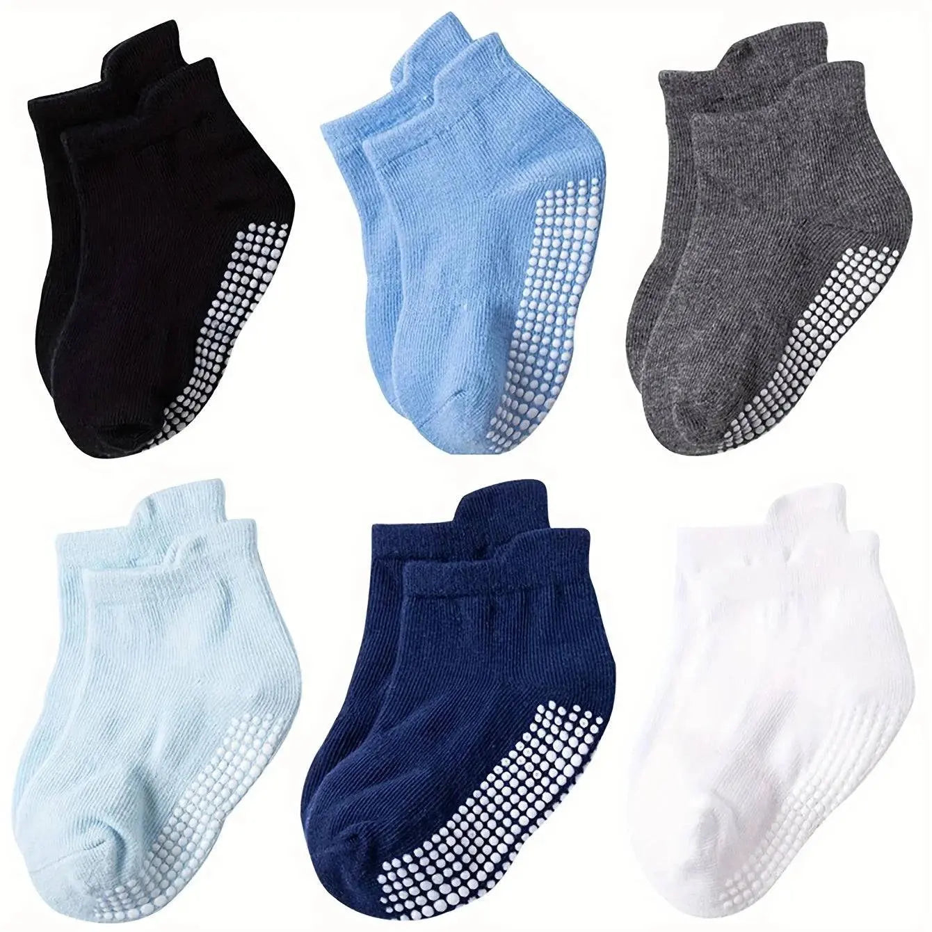 Six pairs of breathable, anti-slip kids' socks with cute cartoon animal patterns, designed for boys and girls by SHOPEZRA L.L.C.