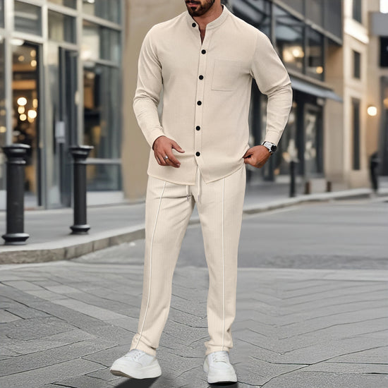 Herren Waffelhemd Modisches Stehkragen Knopfhemd und Hose 1/2-Teiler Bequem Atmungsaktiv Casual