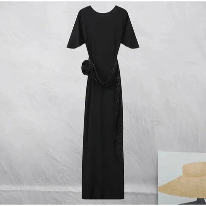 Sequin Patchwork Backless Dress Women Elegant Solid Middle Sleeve Cinched-waist Slim Long Dresses Fashion Evening Party Vestidos by Dropshipman