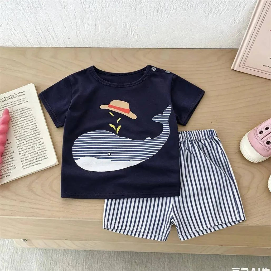 Boys trendy printed T-shirt and shorts casual sportswear set with cartoon design, toddler clothing by SHOPEZRA L.L.C.