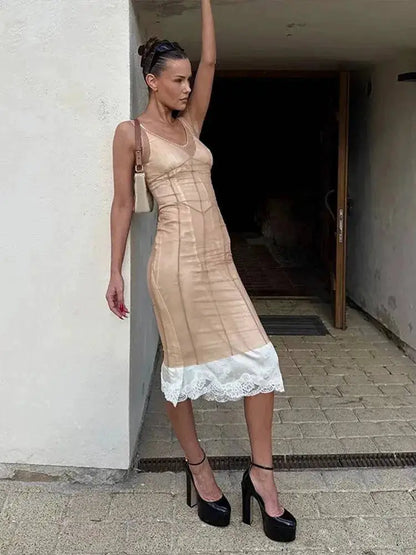 Mesh Overlay Lace Hem Slip Midi Dress Slim Spaghetti Strap Sheer 2026 Summer Elegant Women Bodycon Dress Retro Date Lady Gown by Dropshipman