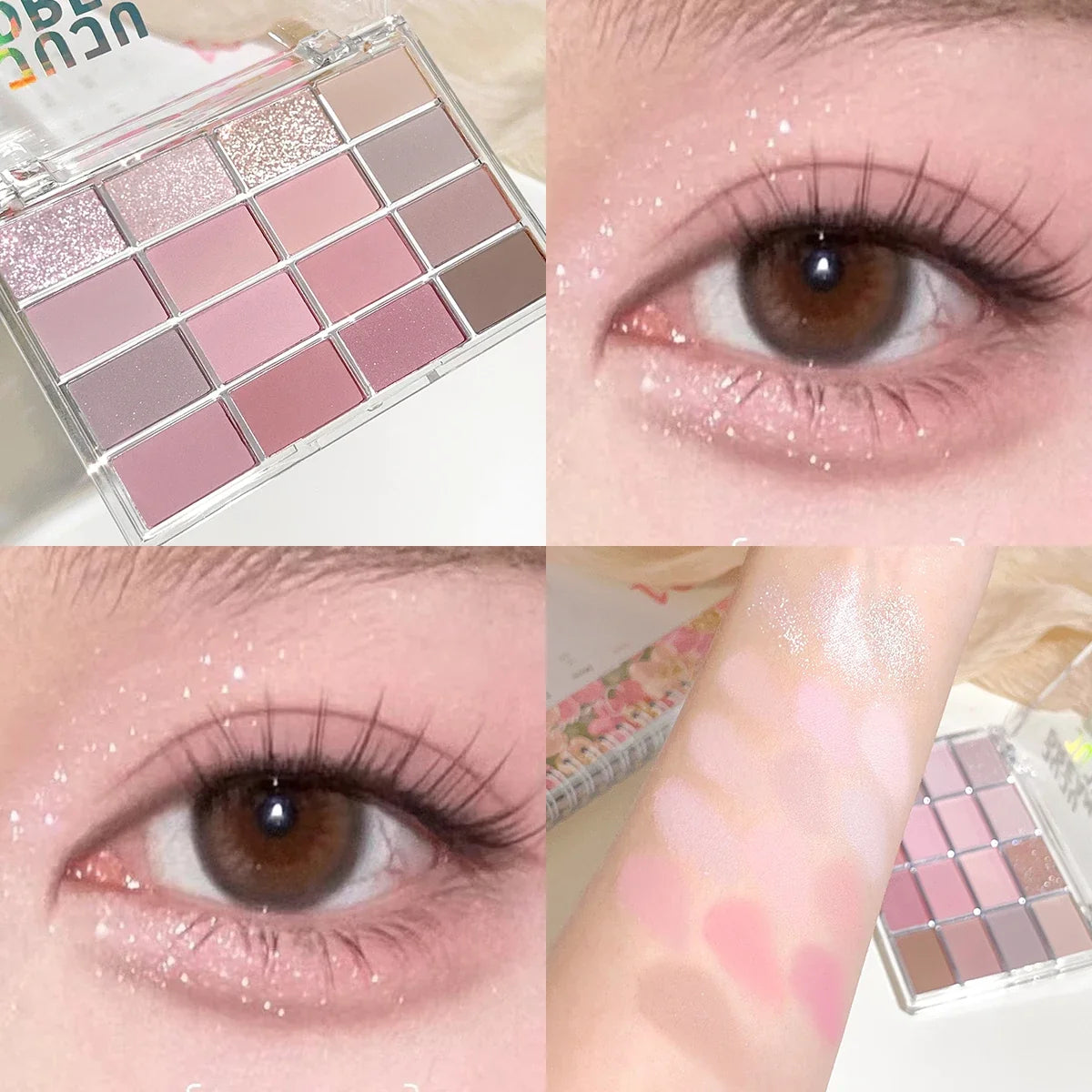 JUJU DREAM 16-Color Earth Tone Eyeshadow Matte &amp; Shimmer Palette, Lying Silkworm Brightener for Soft Daily Makeup
