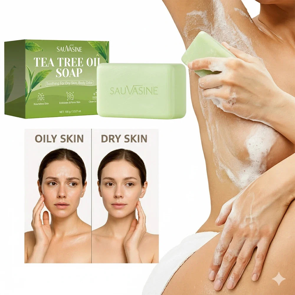 Tea Tree Oil Soap Bar for Men &amp; Women, Deep Cleansing, Soothing for Dry Skin, Body Odor Care, Exfoliates &amp; Firms Skin, 100g