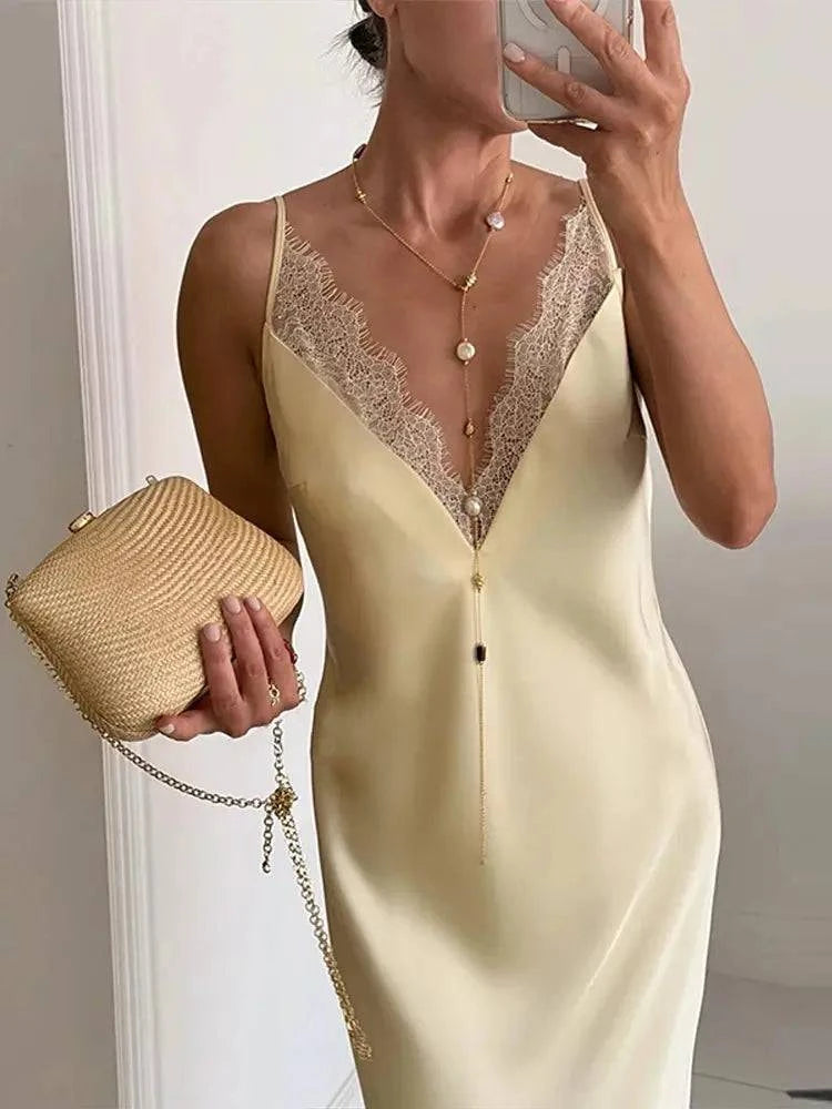 Elegant lace and satin spliced summer dress by SHOPEZRA L.L.C. with V-neck, sleeveless, backless design, perfect for beach parties.