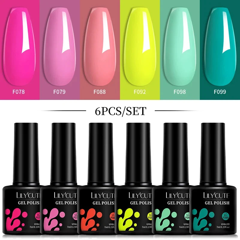 LILYCUTE 6Pcs 7ML Gel DIY Nails Polish Set Bright Pink Nail Charms Soak Off UV LED Gel Varnish Nail Art Design Accessories