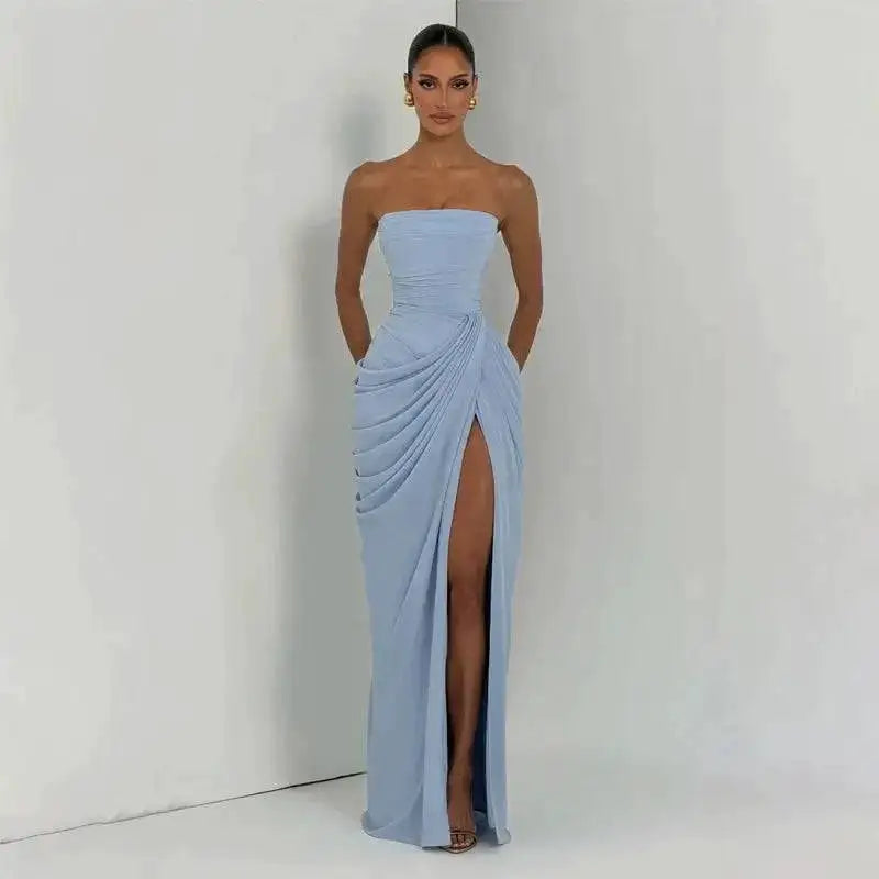 Elegant Solid Strapless Pleated Dress Women Chic Sleeveless Waist Cinching Split Maxi Vestidos 2026 Lady Evening Party Dresses by Dropshipman