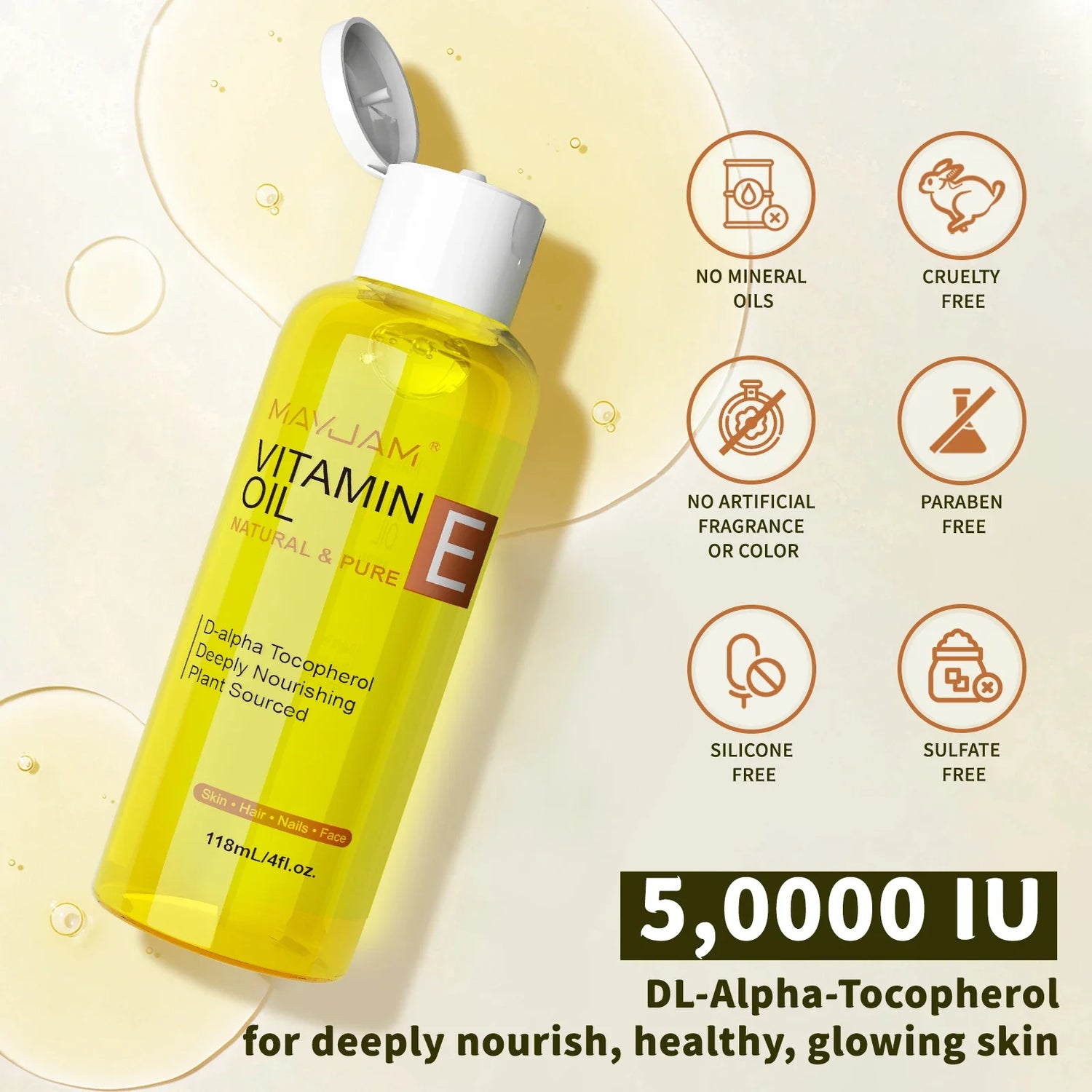 MAYJAM Natural &amp; Pure Vitamin E Oil Skincare Moisturizing Brighten Skin Tone 118ml 236ml Face Care Oil