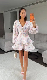 Elegant Floral Printed Waist-cinched Mini Dress Women Pleated Deep V-neck Long Sleeve Button-front Dresses Fashion Party Robe SHOPEZRA L.L.C.