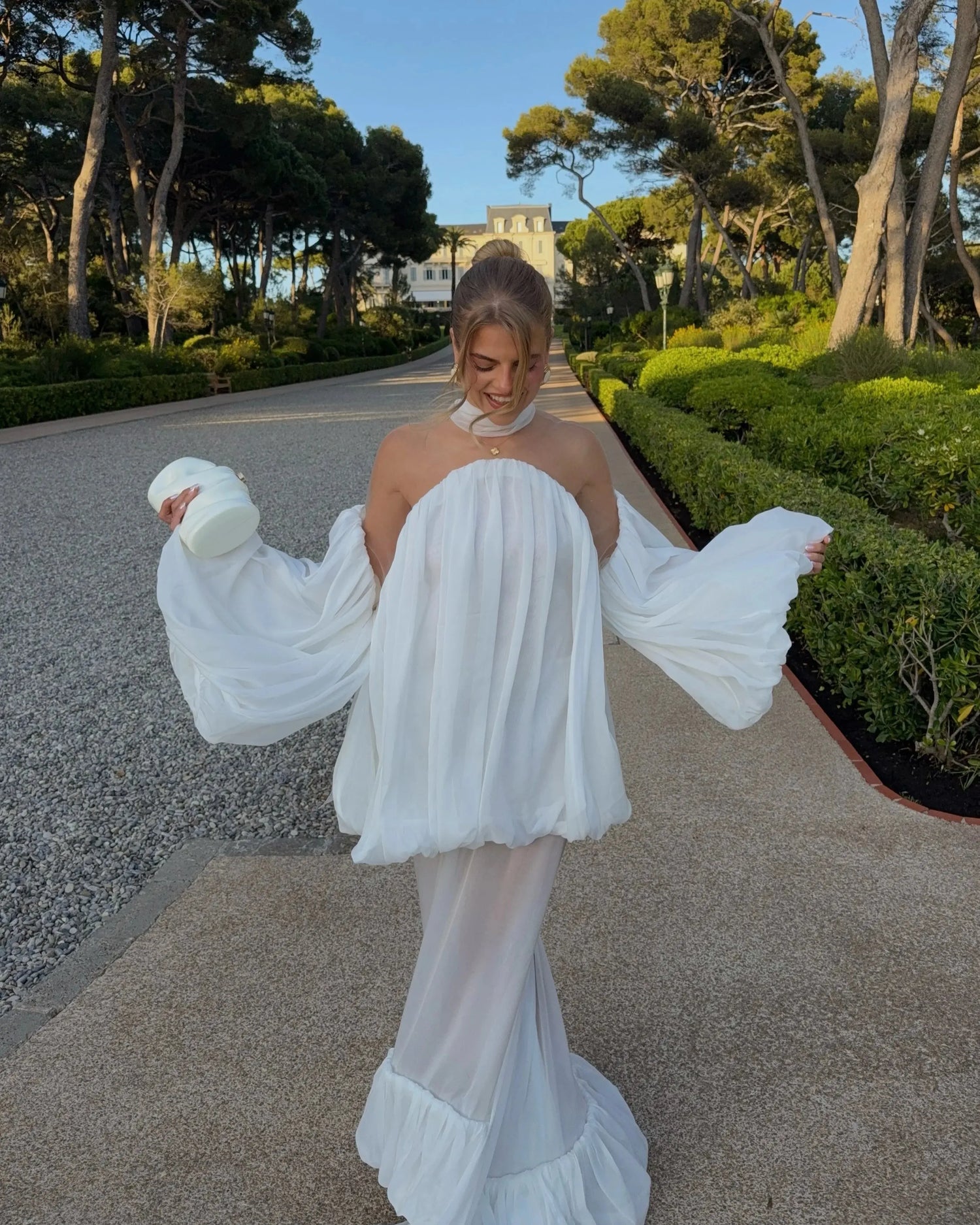 Trendy White Chiffon Off-shoulder Halter Maxi Dress Suit Chic Sheer Mesh Long Sleeve Flowy Vestidos 2026 New Formal Evening Gown SHOPEZRA L.L.C.