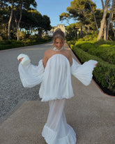 Trendy White Chiffon Off-shoulder Halter Maxi Dress Suit Chic Sheer Mesh Long Sleeve Flowy Vestidos 2026 New Formal Evening Gown SHOPEZRA L.L.C.