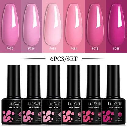 LILYCUTE 6Pcs 7ML Gel DIY Nails Polish Set Bright Pink Nail Charms Soak Off UV LED Gel Varnish Nail Art Design Accessories