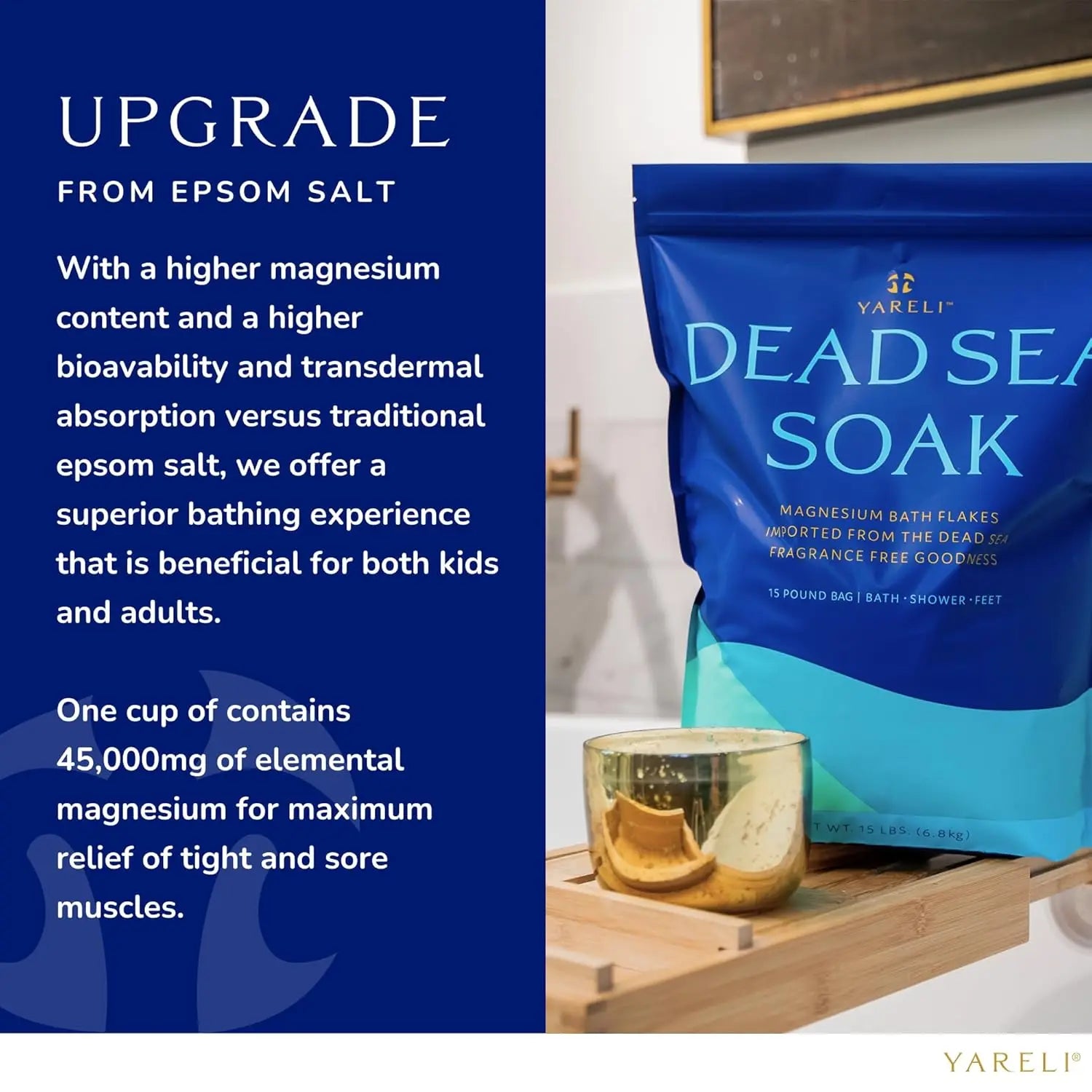 Magnesium Flakes 15lb Dead Sea Bath &amp; Foot Soak, Over 800,000mg Magnesium Chloride Per Bag, Alternative to Epsom Salt for Sore