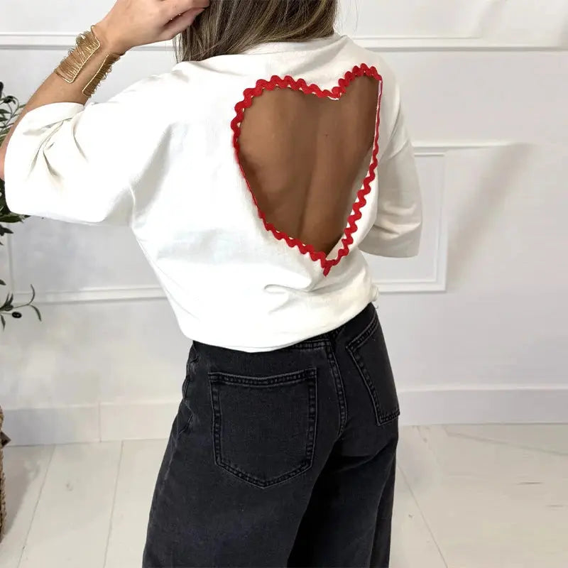 Y2k Style White Oversized T Shirt Women Fashion Backless Heart Cutout Red Trim Half Sleeve Tops Summer Casual Streetwear Outfits SHOPEZRA L.L.C.
